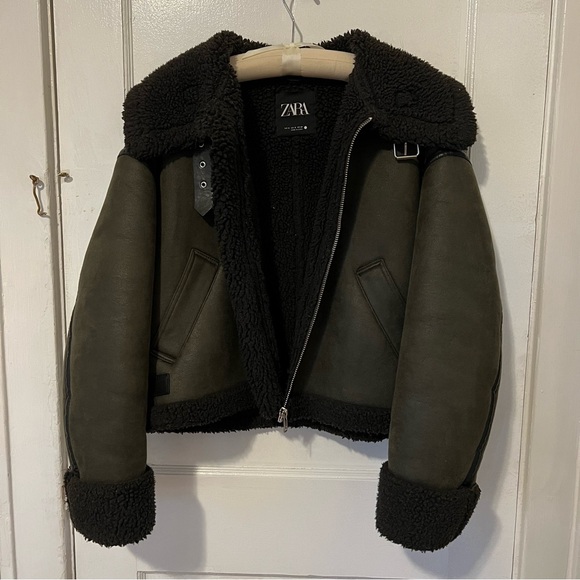 Zara Oversized Faux Sherpa and Suede Olive Coat - Picture 2 of 3